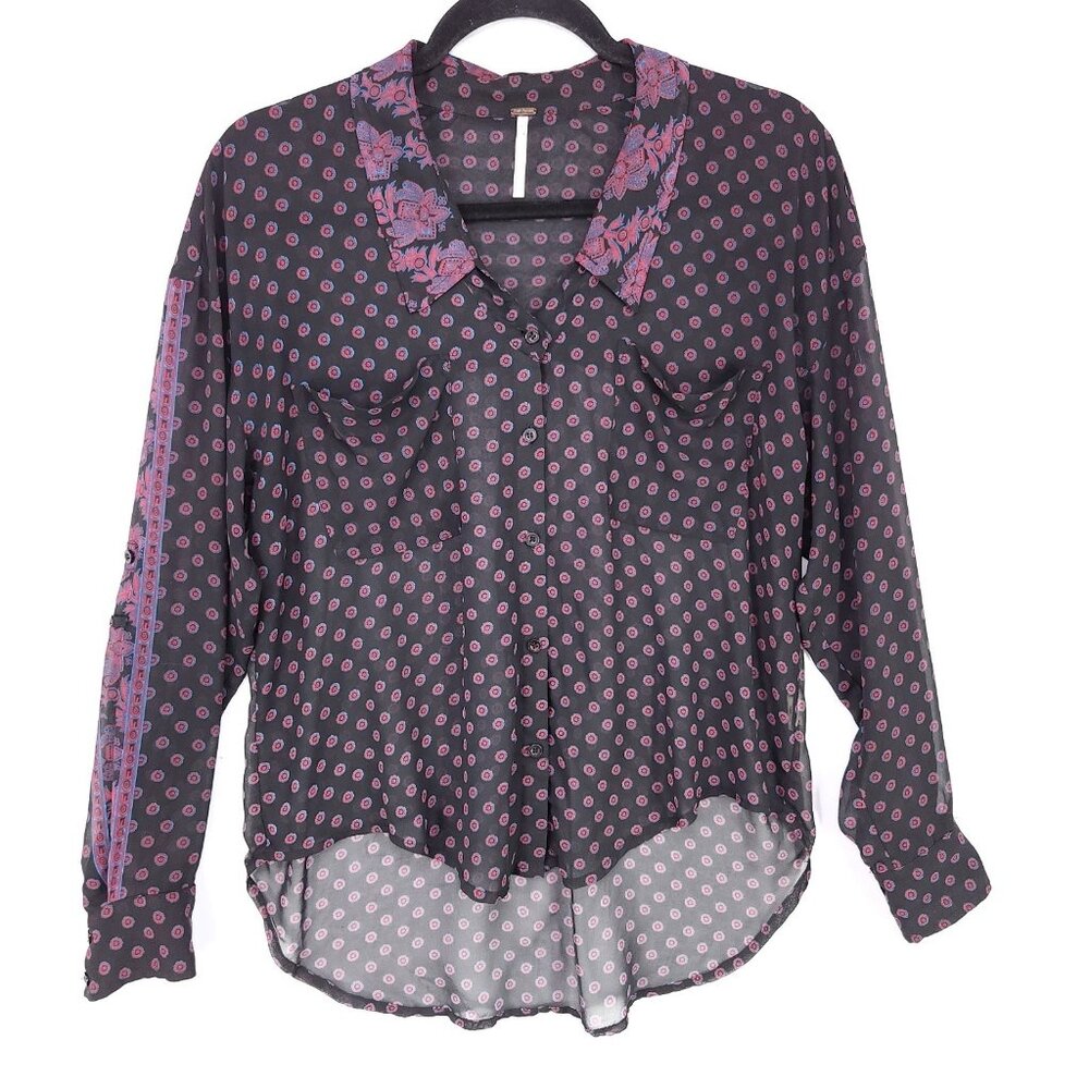 Free People Button Up Shirt Women's Size XS Chiffon Sheer Boho Black Floral